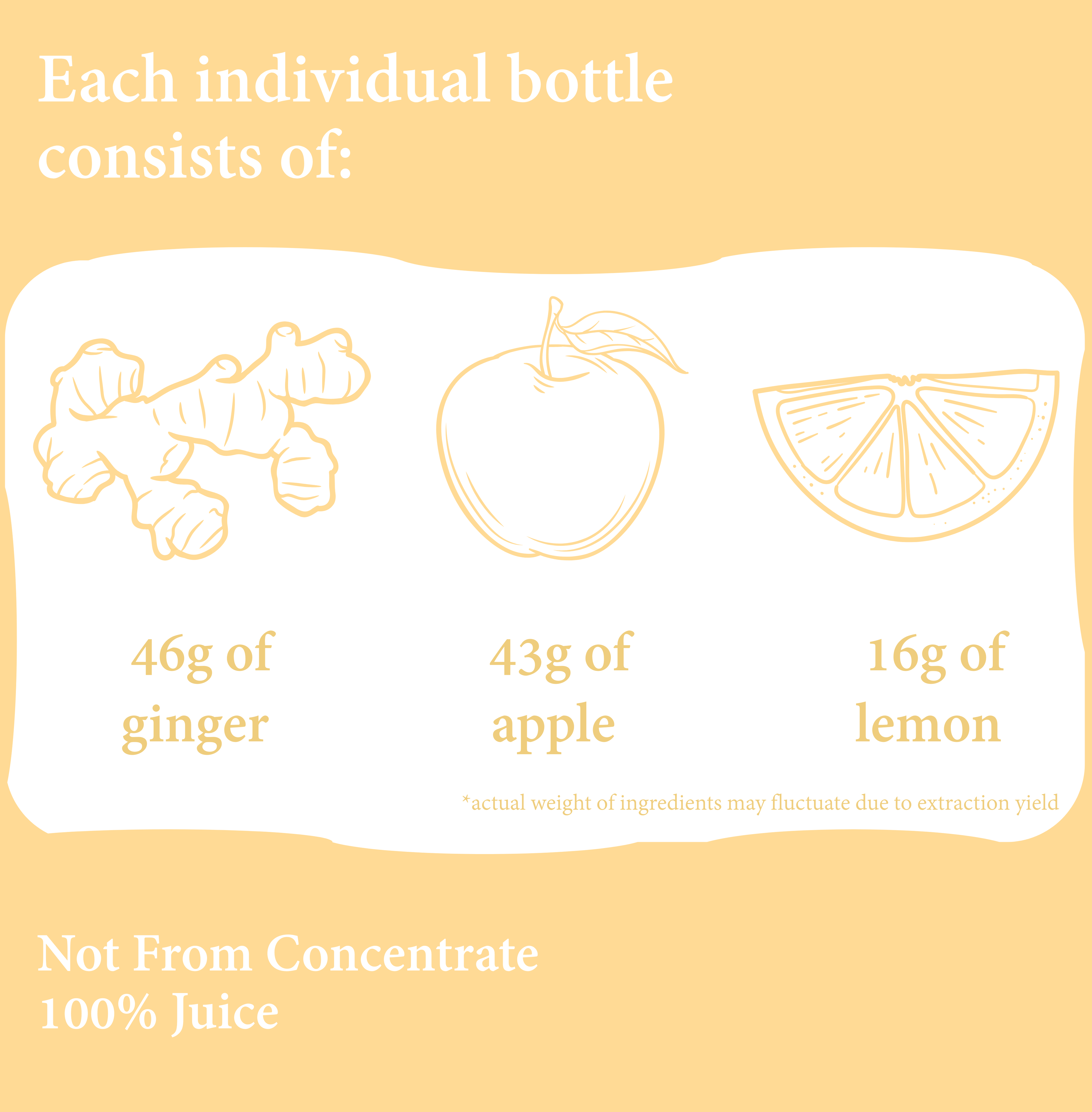 LUME ginger shot ingredients — 46g ginger, 43g apple, 16g lemon, not from concentrate, 100% juice