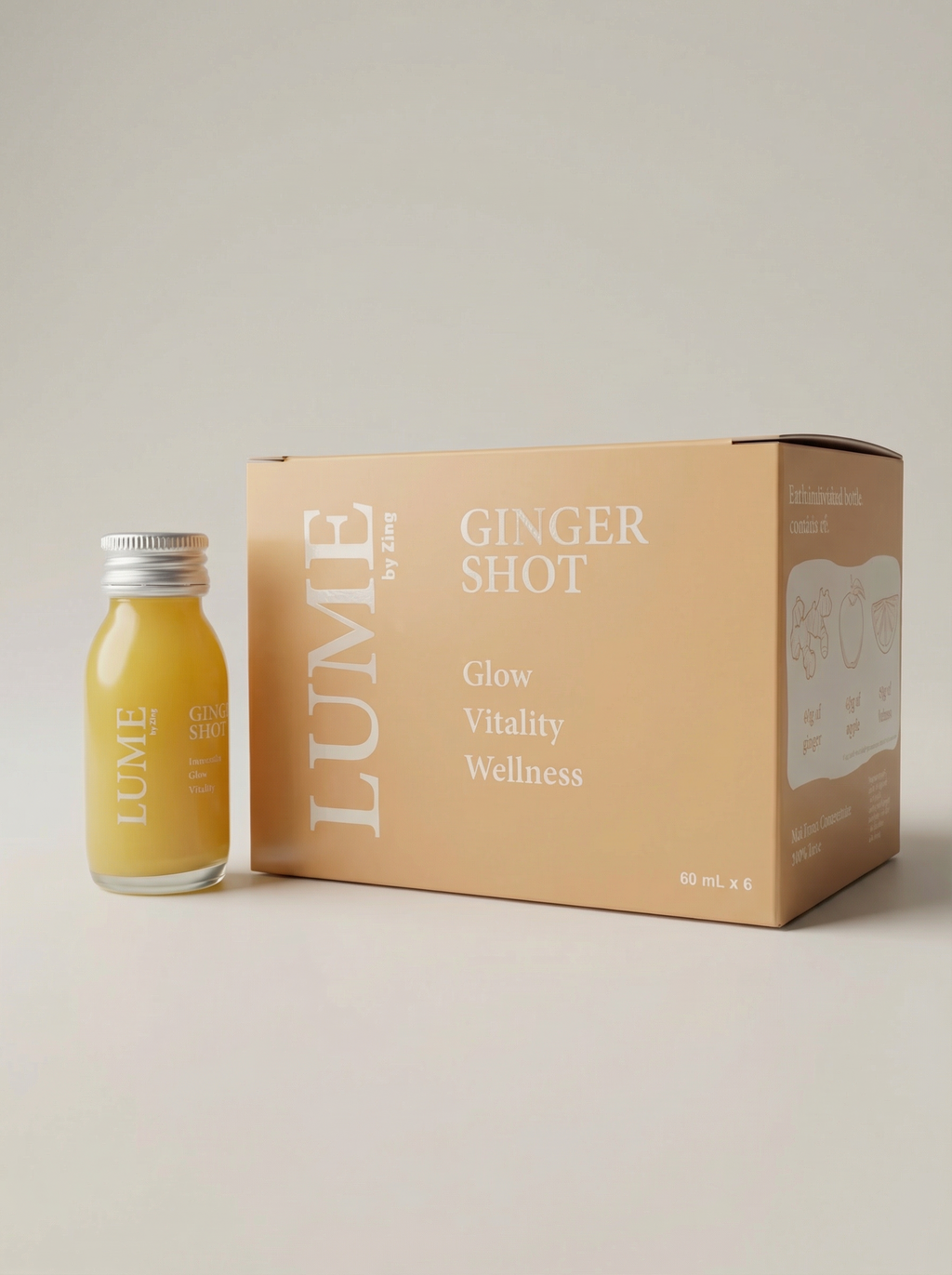 LUME ginger shot 6-pack box with single 60ml bottle — glow, vitality and wellness, Hong Kong