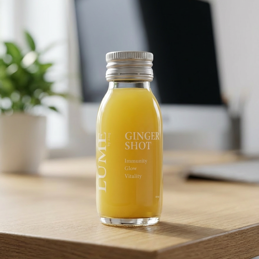 LUME ginger shot bottle on office desk — daily wellness shot for Hong Kong professionals
