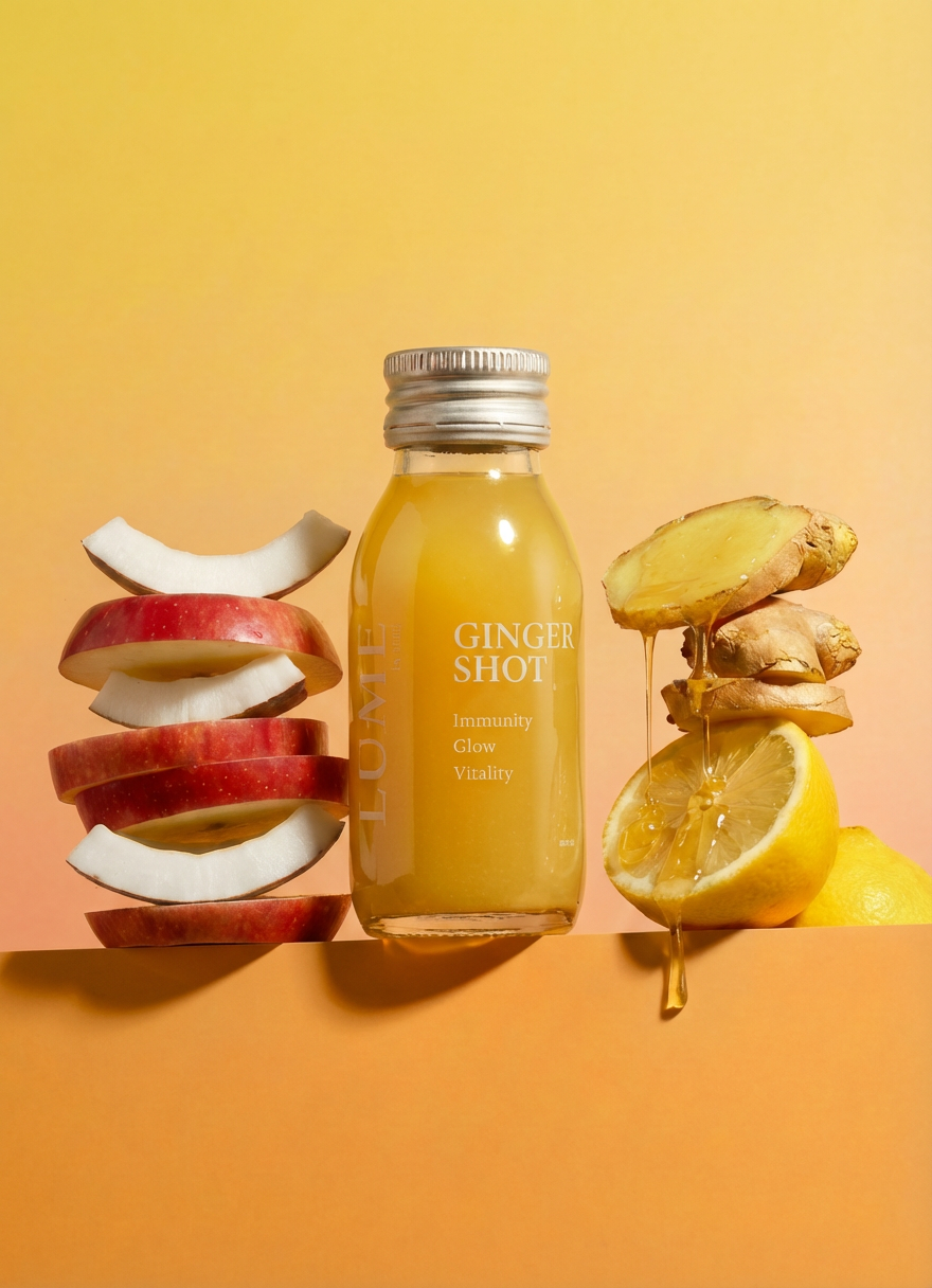 LUME ginger shot bottle flanked by fresh sliced apple, coconut, lemon and ginger root ingredients